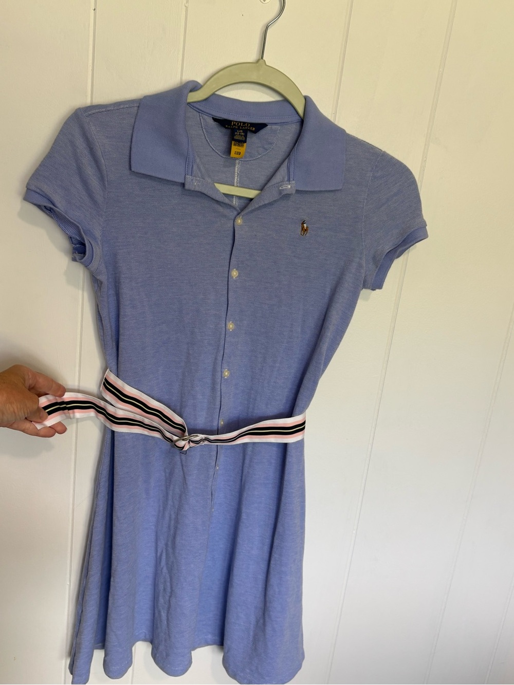 Polo by Ralph Lauren Light Blue Polo Button Down Shirt Dress w/ Striped Waist